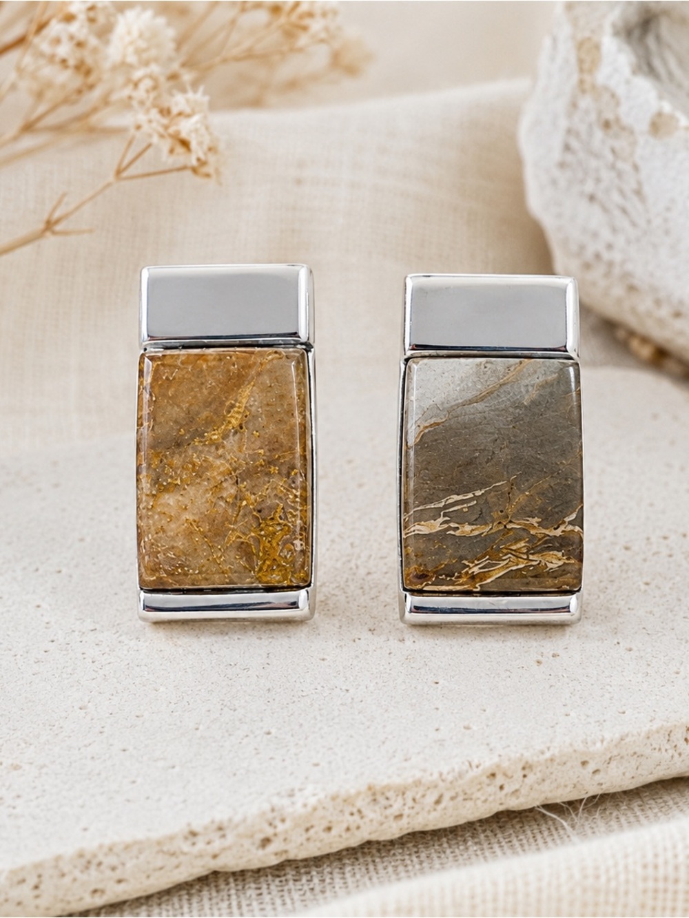 Natural Picture Jasper Rectangular Stud Earrings Southwestern Boho